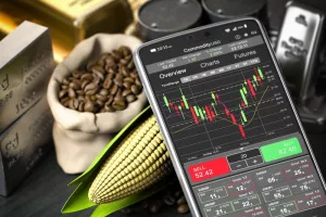 Smartphone and commodities. Stock exchange market trading platform on the screen of mobile phone. 3d illustrationburzovne robe, cijene roba, cijene burzovnih roba, tržišta, kava, kukuruz, cijena