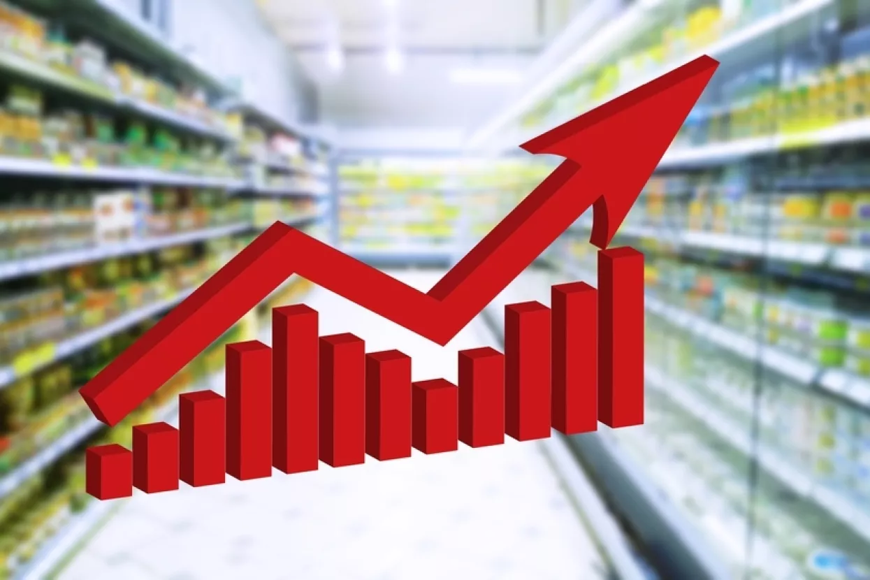 Red growing up large arrow on abstract blur supermarket background. Bar charts and graphs. Rising food prices. Inflation concept. Retail industry. Economy. Stock Market. Grocery Store. Recession. CPI.indeks potrošačkih cijena, CPI, consumer price index, inflacija, rast cijena, cijene, 