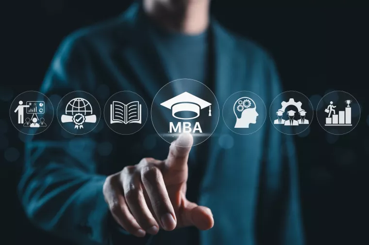  ekonomski fakultet u rijeci MBA Program Concept. Master of Business Administration. Businessman pointing MBA text and graduation cap icon, educational and professional development symbols representing business learning.
