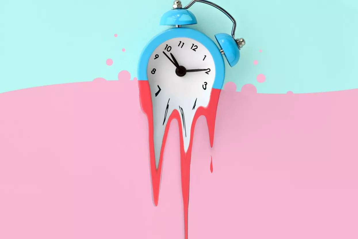 Time is running out. Melted blue alarm clock