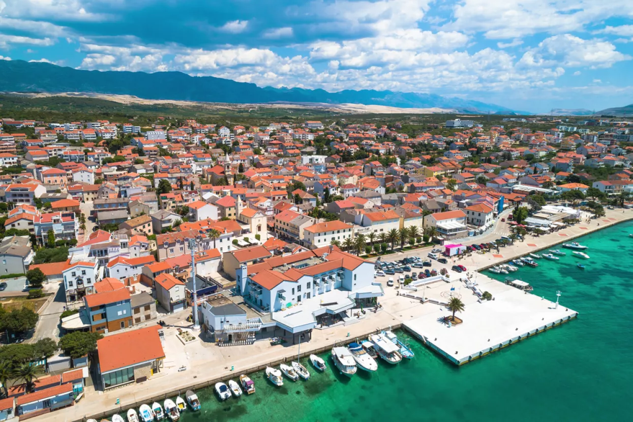 Town of Novalja waterfront on Pag island aerial view, Dalmatia region of Croatia