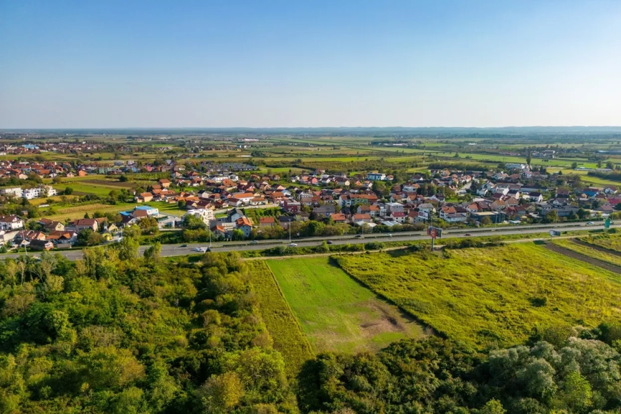 Zagreb, Croatia-September 26th, 2023Aerial view of Zagreb city Blato suburb on the southern outskirts of the city and vast agricultural fields