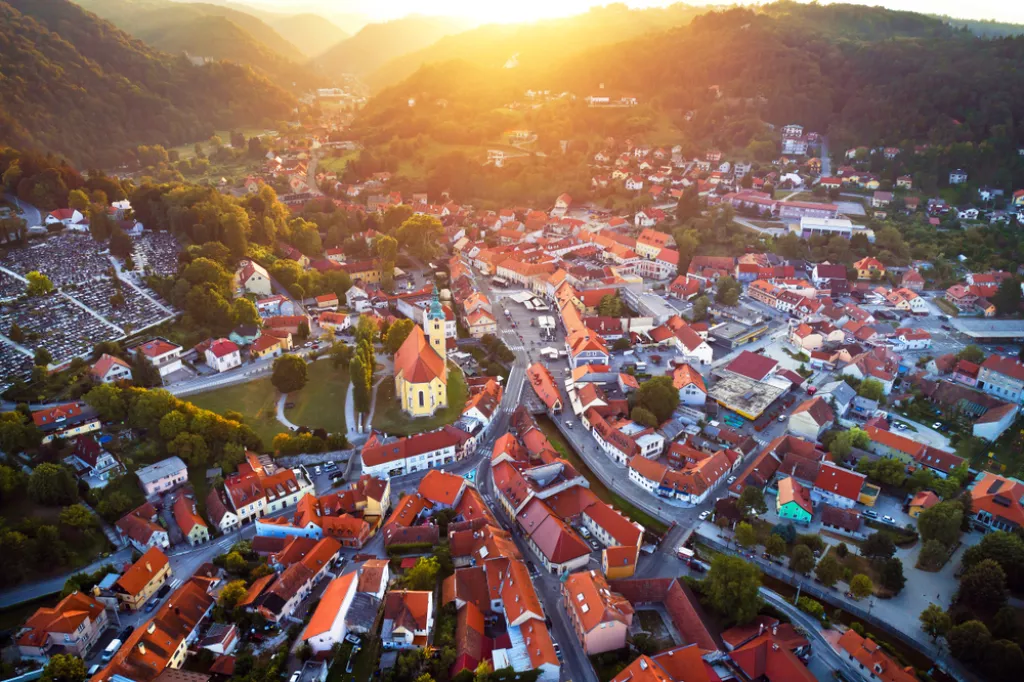 Town of Samobor aerial burning sunset view, northern Croatia