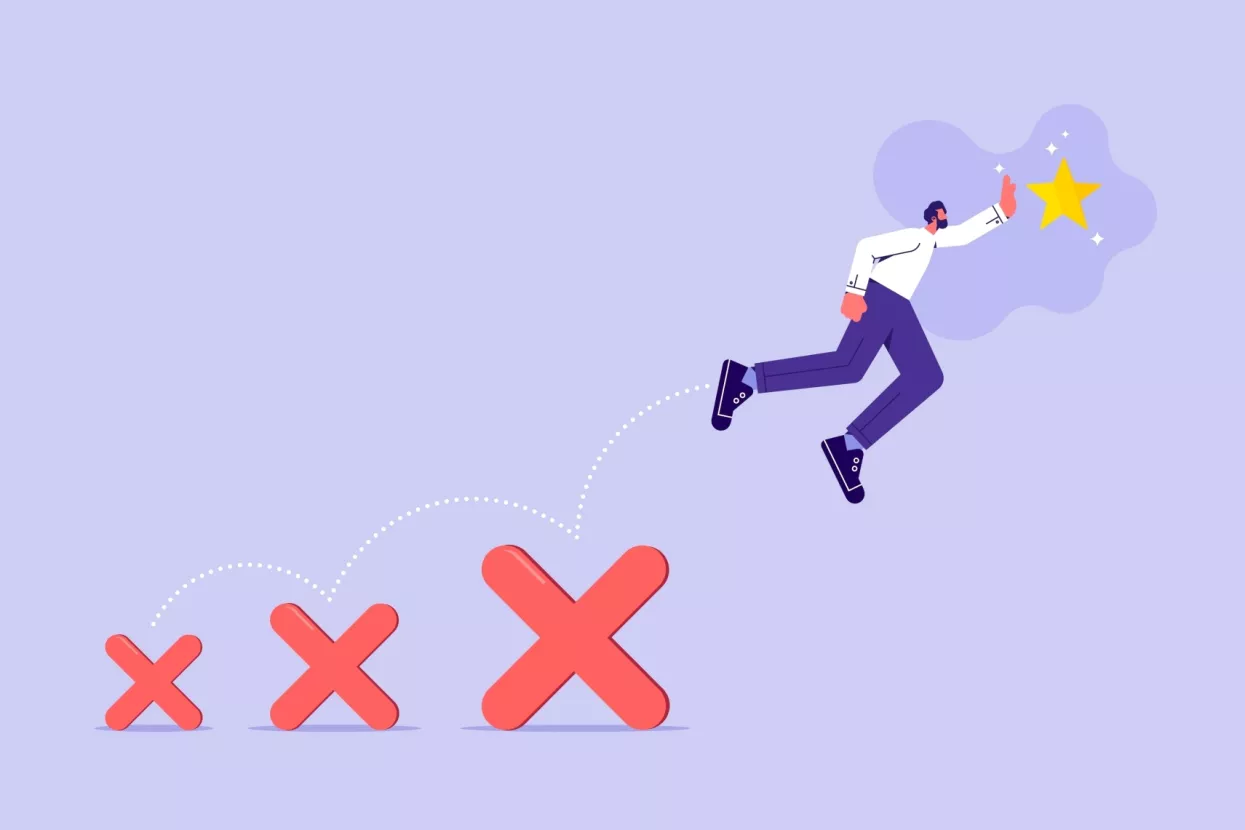 Failed to success, using failure to be lesson learn to achieve business success concept, businessman jumping on many time of failures to reach success starneuspjeh, fail fast, startupovi, uspjeh