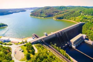 The Orlik Reservoir on Vltava River is largest hydroelectric dam in Czech Republic. Aerial view to important source of sustainable energy in European Union.Hidroelektrana Orl&iacute;k, Če&scaron;ka