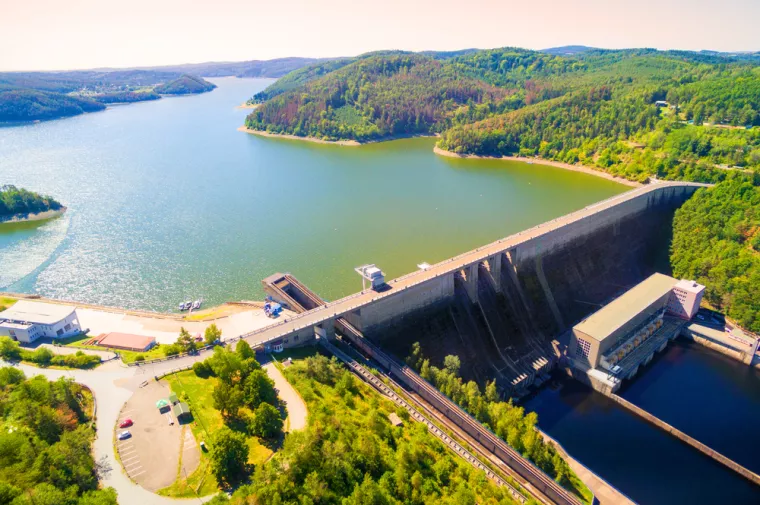The Orlik Reservoir on Vltava River is largest hydroelectric dam in Czech Republic. Aerial view to important source of sustainable energy in European Union.Hidroelektrana Orl&iacute;k, Če&scaron;ka