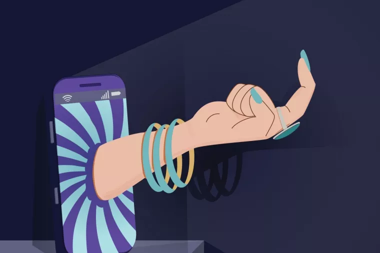 Finger calling from cell phone hypnotic tunnel screen
