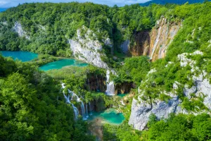 Aerial view of the lakes with waterfalls, Plitvice Lakes National Park, Croatia