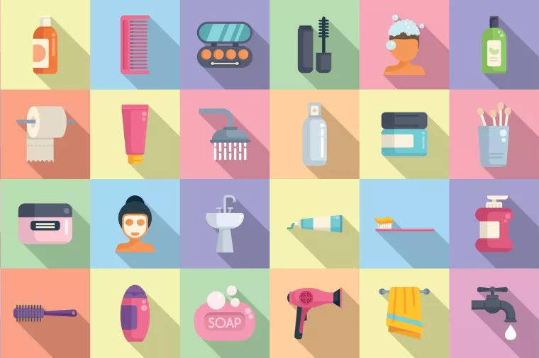 Morning treatments icons set flat vector. Care shave. Face skin