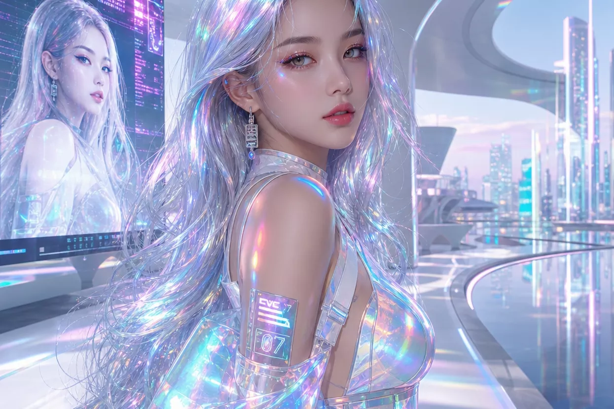 In a realm of digital wonder, a virtual influencer emerges as a striking embodiment of persona and allure. Her form shimmers with a holographic sheen, colors shifting with electric vibrance as if breathing the light itself. Every strand of hair flows like liquid chrome, reflecting an array of prismatic hues across an invisible canvas. Her eyes, pools of luminous pixels, seem to perceive the unseen, encapsulating dreams and bytes. Fashioned in attire of pixel-perfect precision, each garment fused with futuristic elegance, her presence radiates an ethereal charisma that transcends the boundaries of reality. Set against a backdrop of sleek, minimalist architecture, she navigates a world where technology dances with imagination.