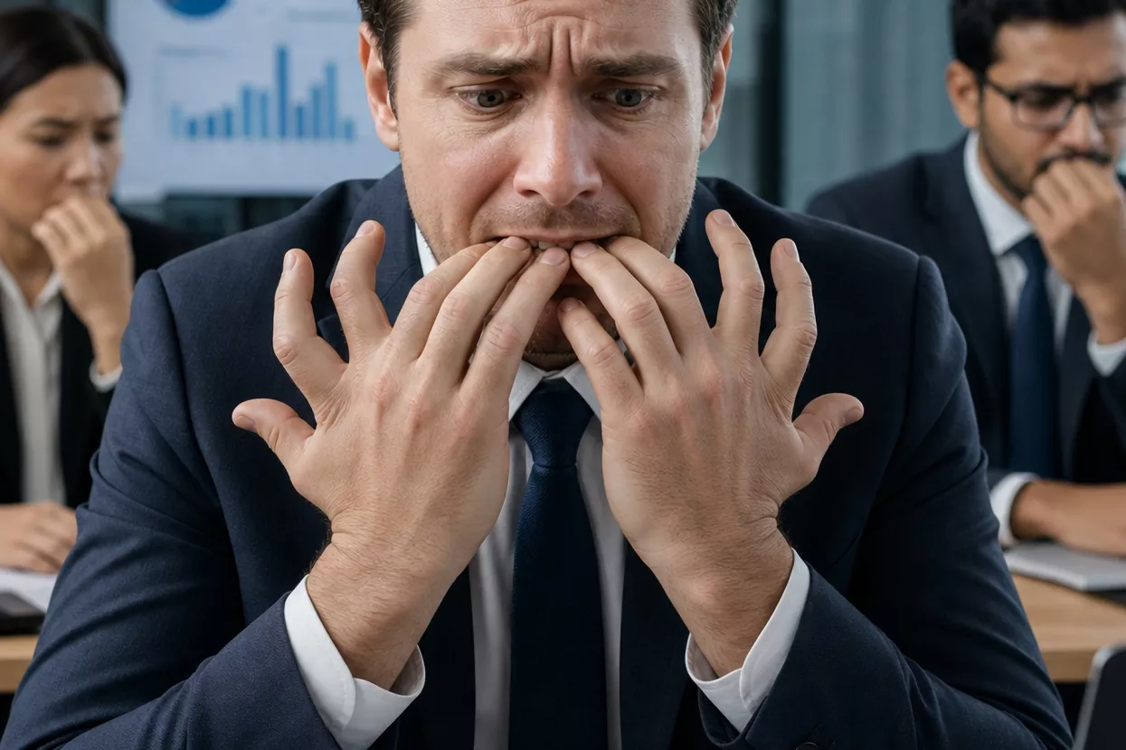 business people nails biting six fingers hands