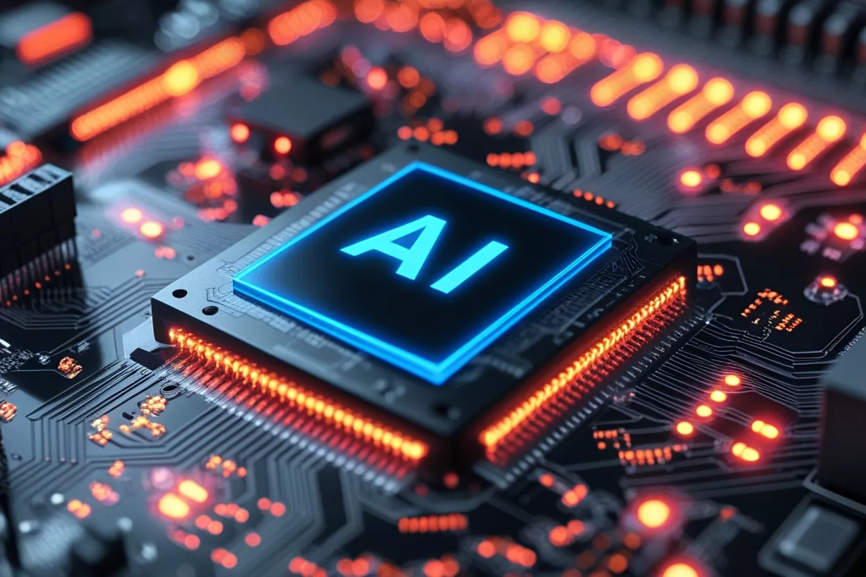 3D illustration of glowing blue "AI" text on a computer chip, dark background with circuit board texture.