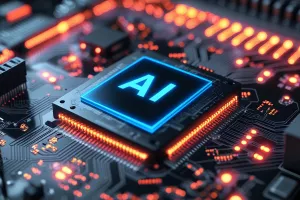 3D illustration of glowing blue "AI" text on a computer chip, dark background with circuit board texture.