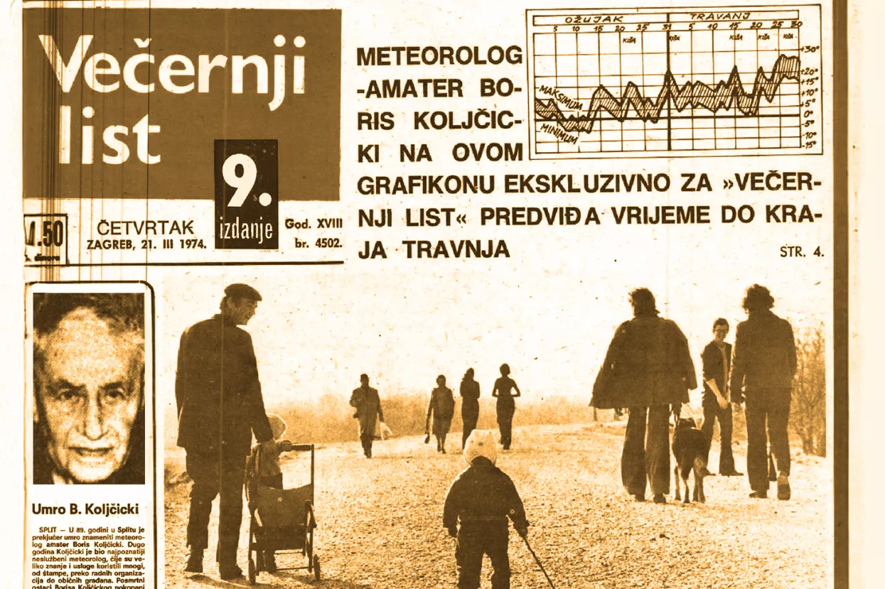 Naslovnica Večernjeg lista iz 1974. s dugoročnom prognozom, i vijest o smrti objavljena 25. kolovoza 1989.&nbsp;