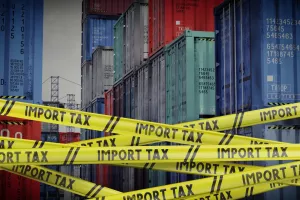 Import tax tapes and cargo containers - 3D illustration