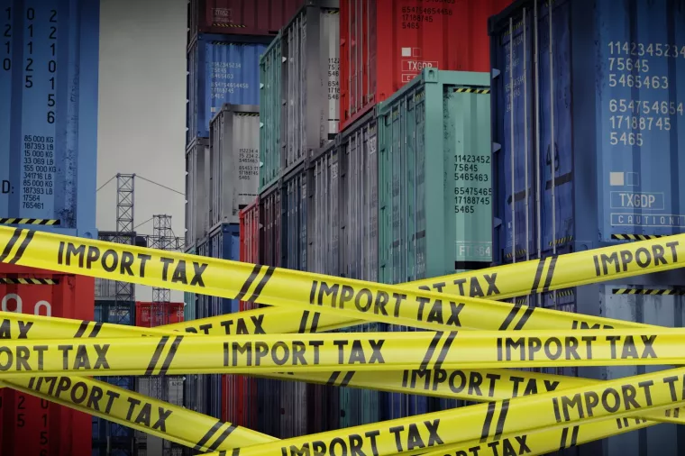 Import tax tapes and cargo containers - 3D illustration