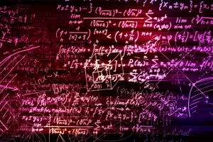 3D rendering abstract blocks of mathematical formulas that are in the virtual space. Camera inside the mathematical formulas