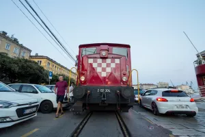RIJEKA, CROATIA - JUNE 18, 2021Switcher, a diesel locomotive, manoeuvering a freight train from HZ Cargo on Luka Rijeka, the Rijeka port, one of the main croatian shipping hubs.
