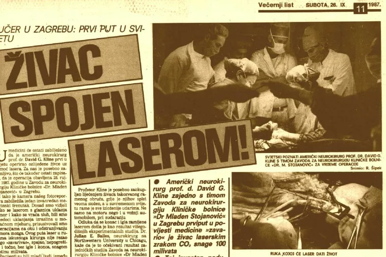 Presječeni živac prvi put je spojen pomoću lasera u Zagrebu 25. rujna 1987. (presnimka iz Večernjeg lista) 